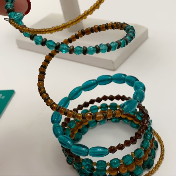 Turquoise teal amber brown glass beaded boho bohemian memory wire bracelet - Picture 6 of 8